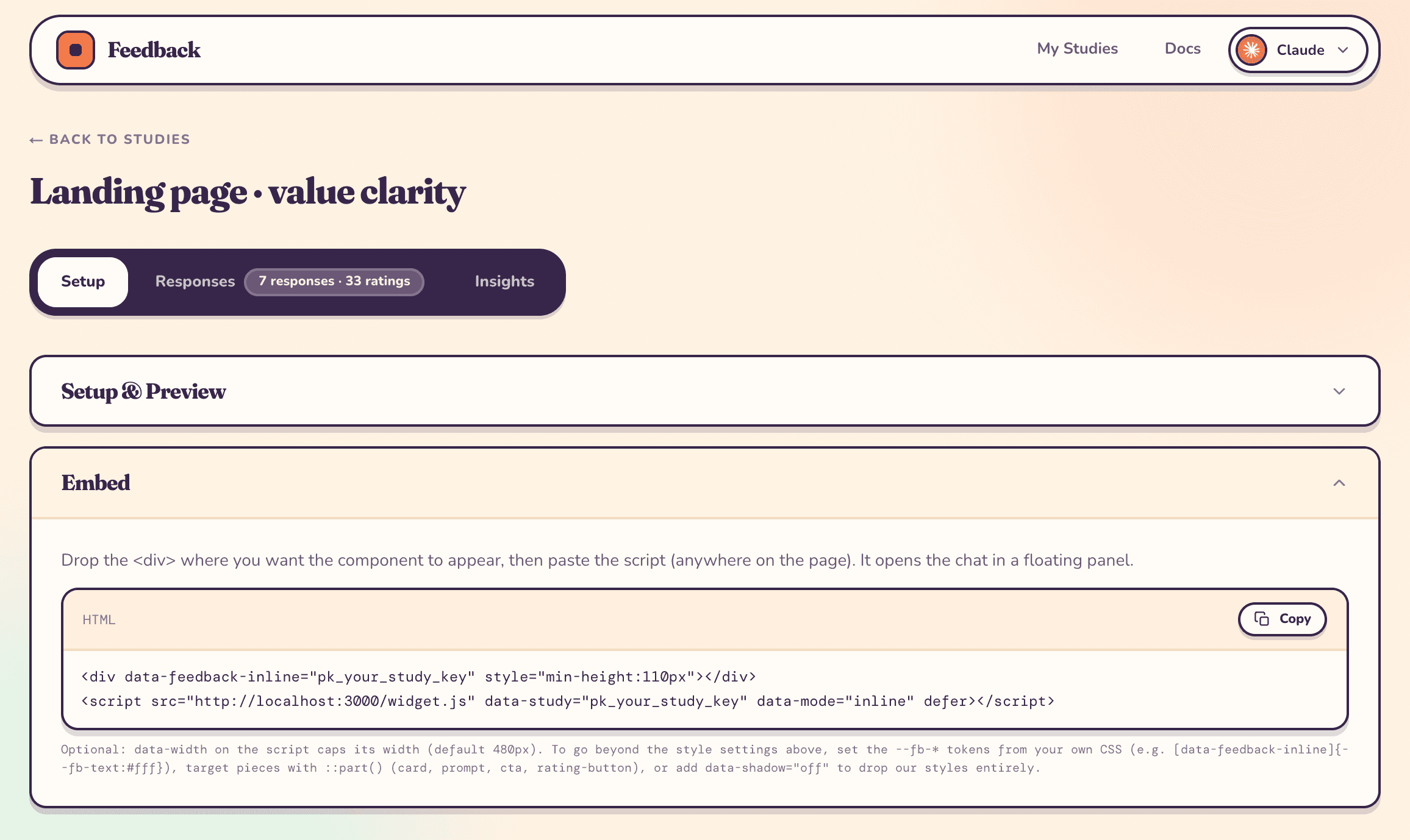 A study's Setup tab with the Embed section expanded, showing the placeholder div and script tag with a Copy button