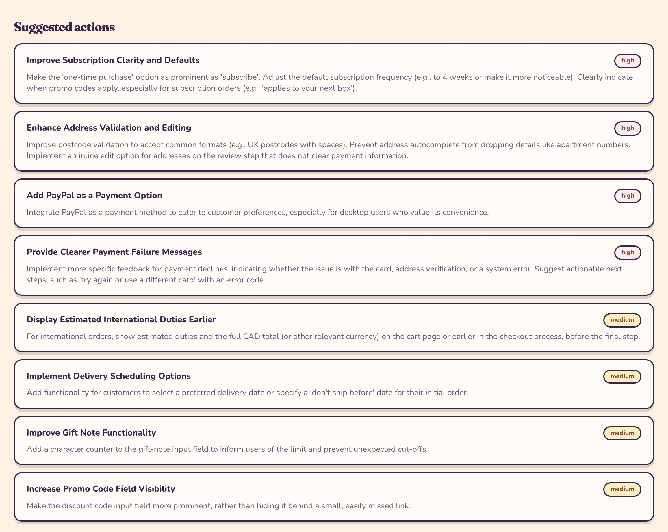 A list of suggested actions, each with a title, a short explanation and a priority chip reading high or medium