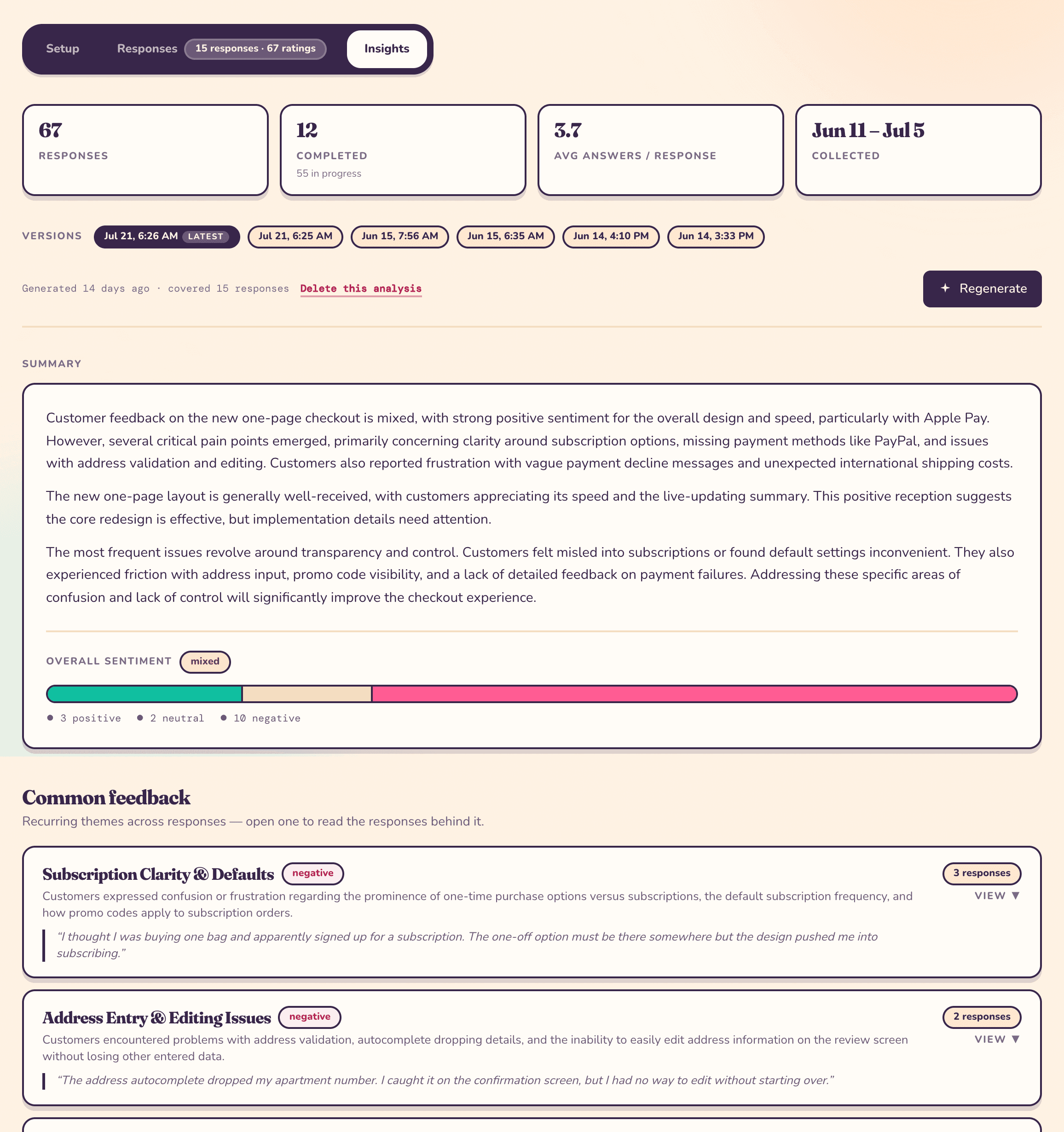An analysis report: counts for responses, completed, average answers and date range; a row of saved version pills; a written summary with an overall sentiment bar; and recurring themes with a representative quote and response count each