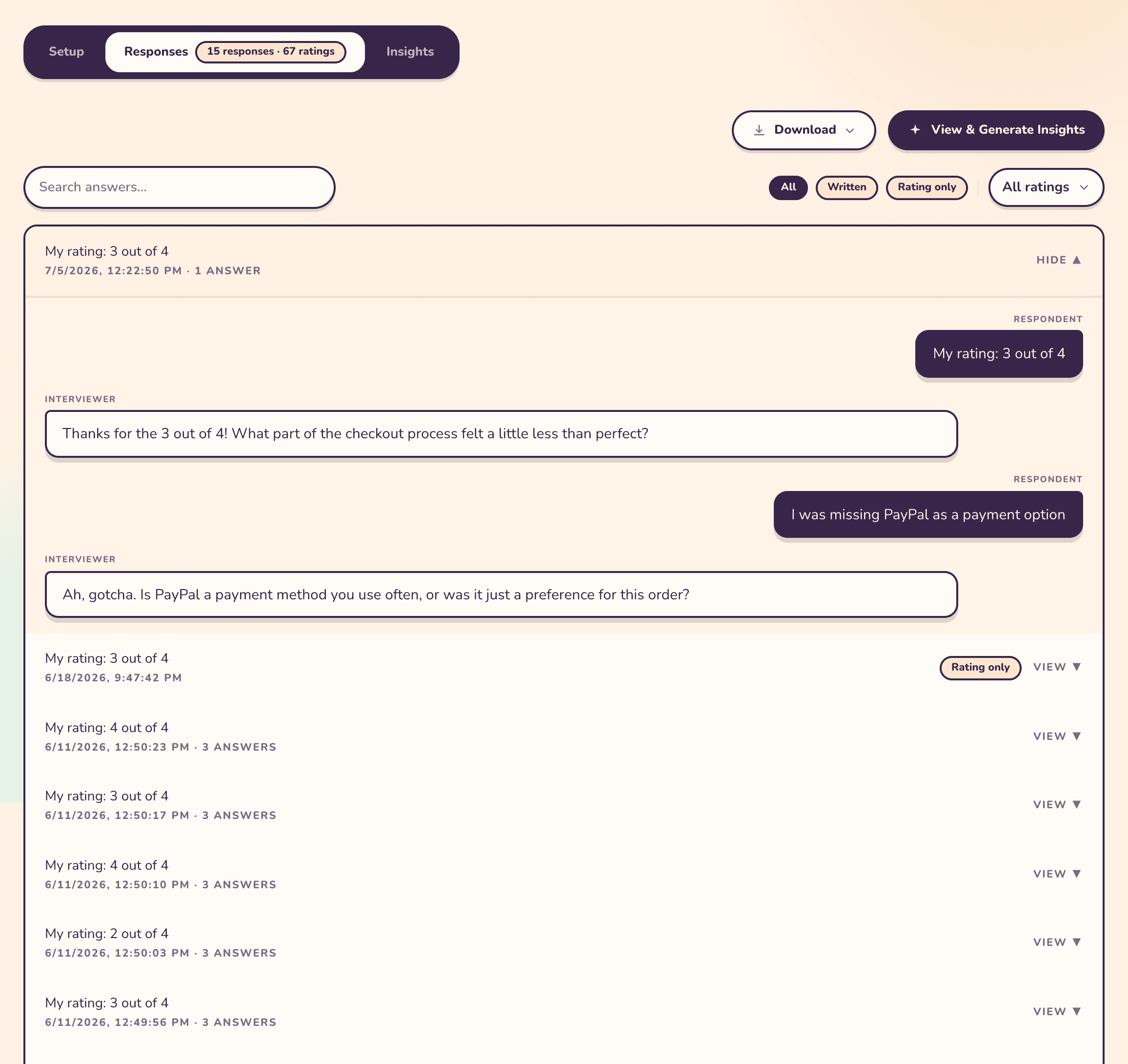 The Responses tab: a search box, All / Written / Rating only filter chips and a rating dropdown, above a list of responses with one expanded to show the interviewer and respondent messages