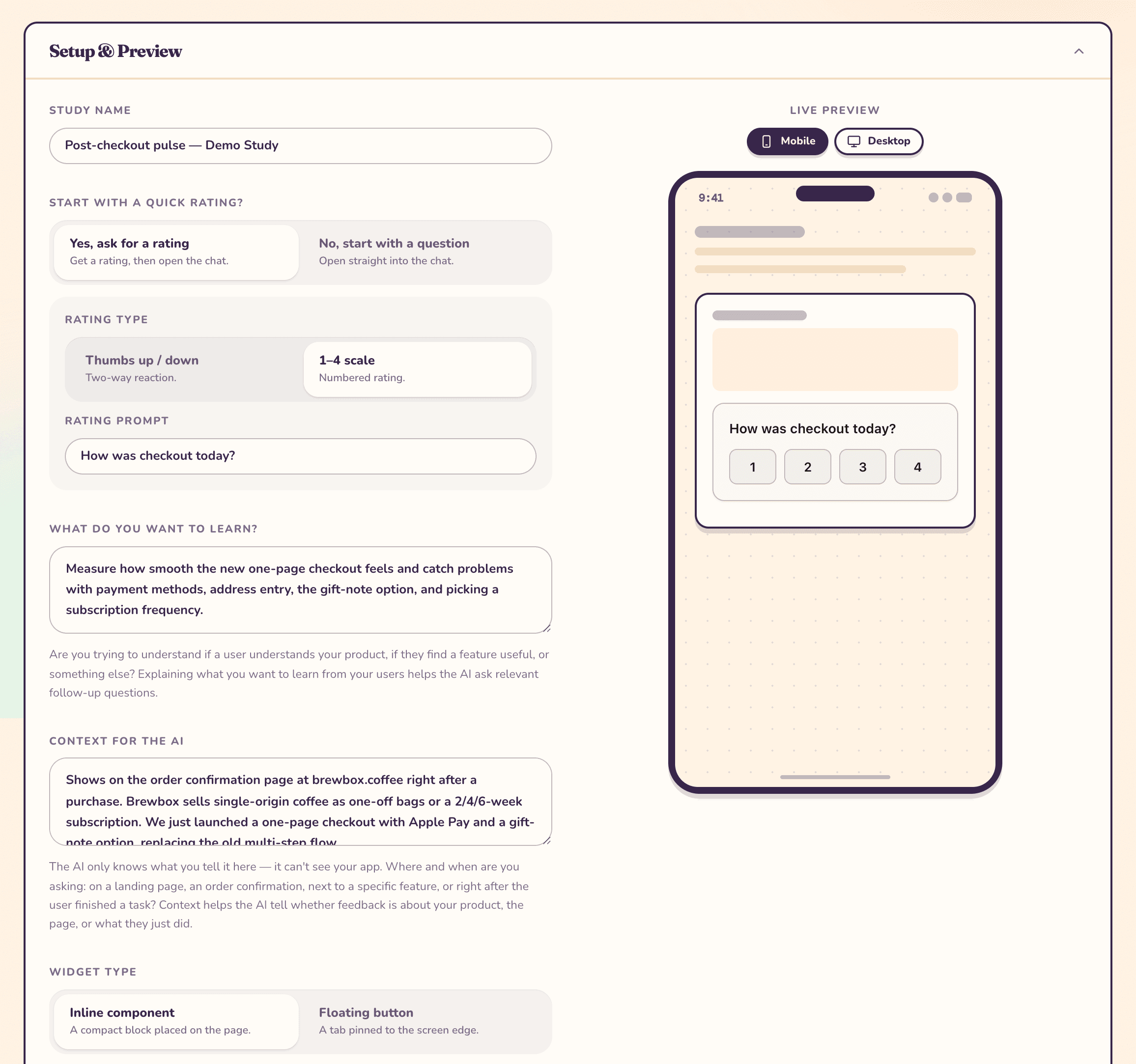 The study editor: settings on the left — study name, rating type, rating prompt, what you want to learn, context — and a live phone preview of the launcher on the right